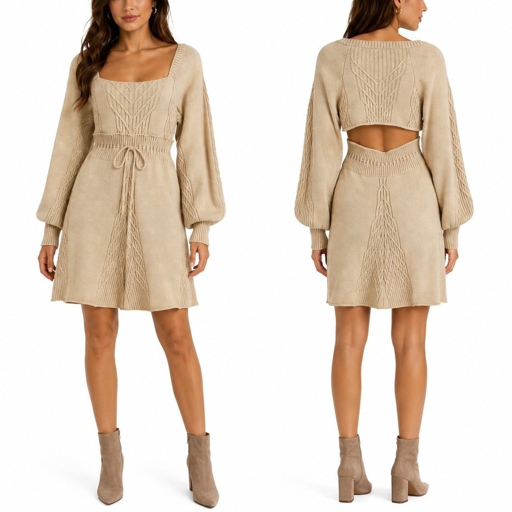 Free People Emmaline Mini Sweater Dress M Ivory Cable Knit Cutout Back Boho Fall